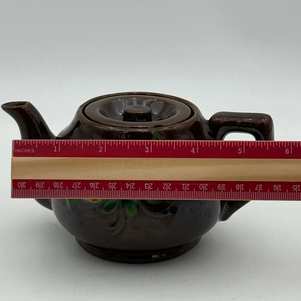 Vintage Made in Japan Brown Glazed Ceramic Floral Teapot Hand Painted 4.5 Inch